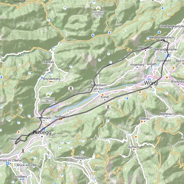 Kartminiatyr av "Münster - Brixlegg Scenic Route" cykelinspiration i Tirol, Austria. Genererad av Tarmacs.app cykelruttplanerare