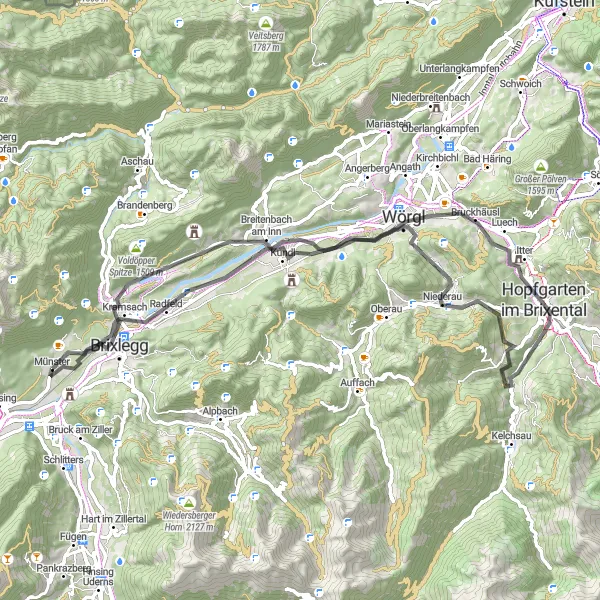 Miniatura della mappa di ispirazione al ciclismo "Giro in Bici attraverso Borghi Tirolesi" nella regione di Tirol, Austria. Generata da Tarmacs.app, pianificatore di rotte ciclistiche