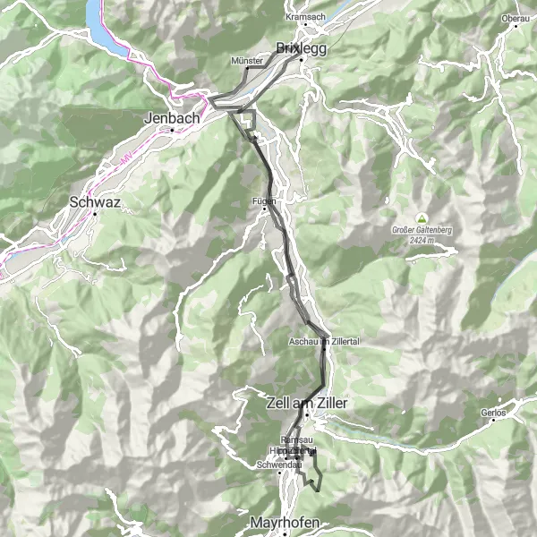 Miniaturní mapa "Zillertal Cycling Adventure" inspirace pro cyklisty v oblasti Tirol, Austria. Vytvořeno pomocí plánovače tras Tarmacs.app