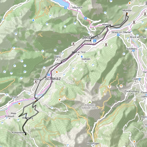 Mapa miniatúra "Jazda na ceste zo začiatku Vomp" cyklistická inšpirácia v Tirol, Austria. Vygenerované cyklistickým plánovačom trás Tarmacs.app