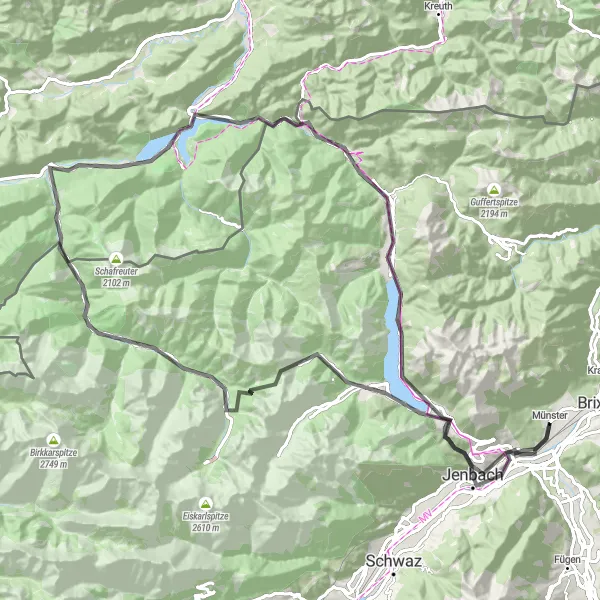 Miniaturní mapa "Krásná cyklotrasa Wiesing - Burgeck - Pertisau - Hinterriß - Vorderriß - Schürpfeneckberg - Fall - Achselkopf - Achenkirch - Achensee - Brettfallkopf - Strass im Zillertal" inspirace pro cyklisty v oblasti Tirol, Austria. Vytvořeno pomocí plánovače tras Tarmacs.app