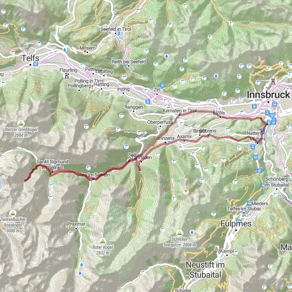 Miniature de la carte de l'inspiration cycliste "Le chemin des villageois tyroliens" dans la Tirol, Austria. Générée par le planificateur d'itinéraire cycliste Tarmacs.app