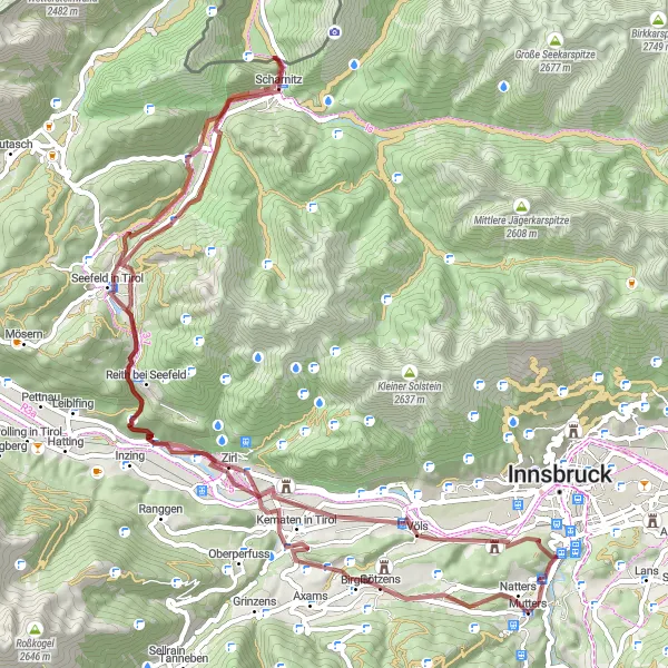 Miniaturekort af cykelinspirationen "Grusvej cykelrute nær Mutters" i Tirol, Austria. Genereret af Tarmacs.app cykelruteplanlægger