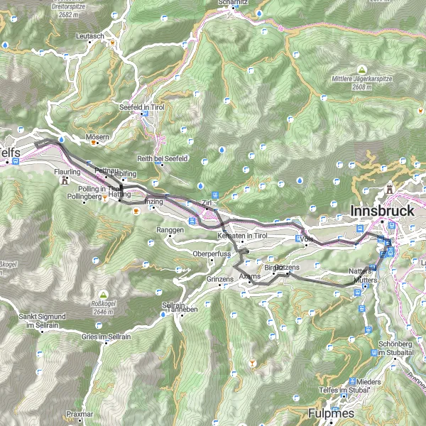 Miniature de la carte de l'inspiration cycliste "Circuit de vélo de route autour de Mutters" dans la Tirol, Austria. Générée par le planificateur d'itinéraire cycliste Tarmacs.app