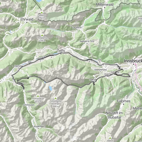 Zemljevid v pomanjšavi "Cestna ruta v Tirolskih Alpah" kolesarske inspiracije v Tirol, Austria. Generirano z načrtovalcem kolesarskih poti Tarmacs.app