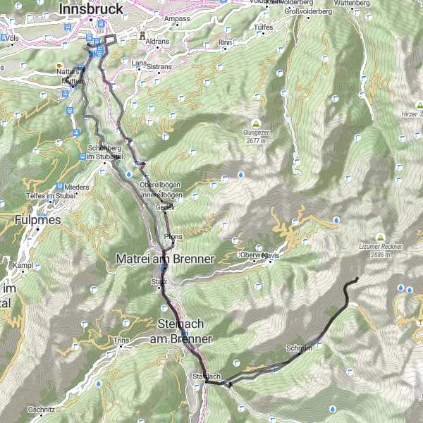 Miniatua del mapa de inspiración ciclista "Circuito Escénico en Carretera por Tirol" en Tirol, Austria. Generado por Tarmacs.app planificador de rutas ciclistas