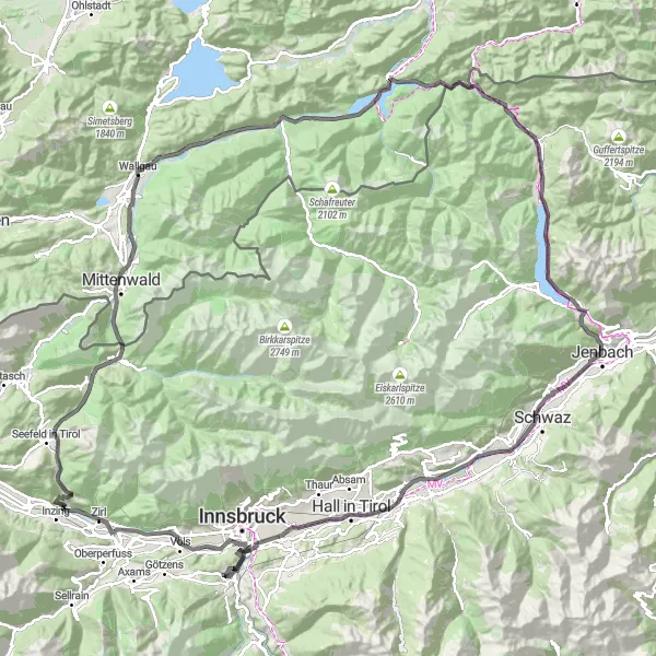 Miniatura della mappa di ispirazione al ciclismo "Tour panoramico attraverso le Alpi Tirolesi" nella regione di Tirol, Austria. Generata da Tarmacs.app, pianificatore di rotte ciclistiche