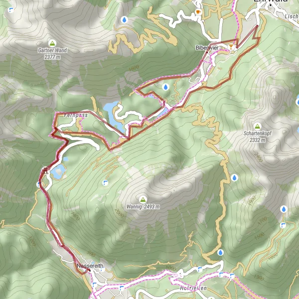 Miniatua del mapa de inspiración ciclista "Ruta de grava Nassereith-Nassereith" en Tirol, Austria. Generado por Tarmacs.app planificador de rutas ciclistas