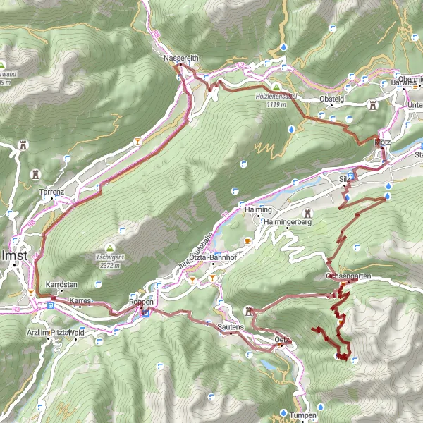 Miniaturní mapa "Gravelový okruh kolem Nassereith - Schöne Aussicht, Mötz, Ochsengarten, Rossköpfe, Amberg, Oetzerau, Roppen a zpět do Nassereith" inspirace pro cyklisty v oblasti Tirol, Austria. Vytvořeno pomocí plánovače tras Tarmacs.app