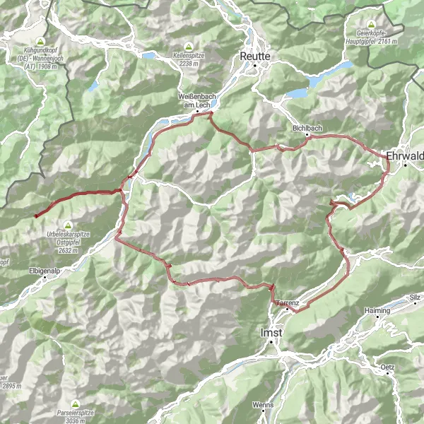 Karttaminiaatyyri "Vuoristoreitti" pyöräilyinspiraatiosta alueella Tirol, Austria. Luotu Tarmacs.app pyöräilyreittisuunnittelijalla