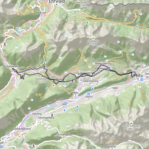 Zemljevid v pomanjšavi "Izlet po Tirolski: Nassereith - Wildermieming" kolesarske inspiracije v Tirol, Austria. Generirano z načrtovalcem kolesarskih poti Tarmacs.app