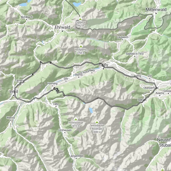 Zemljevid v pomanjšavi "Cestna kolesarska pot s slikovitimi razgledi v bližini Nassereitha" kolesarske inspiracije v Tirol, Austria. Generirano z načrtovalcem kolesarskih poti Tarmacs.app