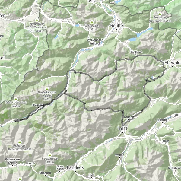 Karttaminiaatyyri "Haastava reitti vuoristoon" pyöräilyinspiraatiosta alueella Tirol, Austria. Luotu Tarmacs.app pyöräilyreittisuunnittelijalla