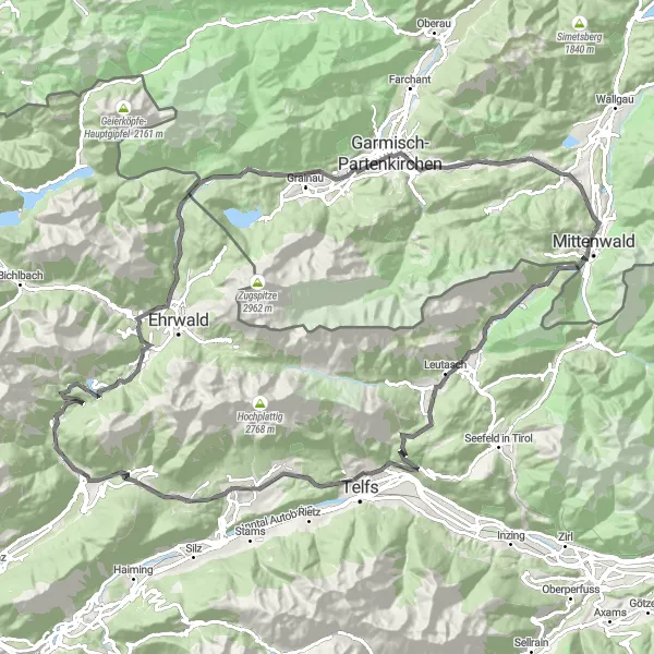 Kartminiatyr av "Nassereith till Leutasch via Garmisch-Partenkirchen" cykelinspiration i Tirol, Austria. Genererad av Tarmacs.app cykelruttplanerare