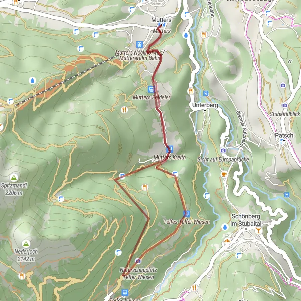 Map miniature of "Natters Gravel Escapade" cycling inspiration in Tirol, Austria. Generated by Tarmacs.app cycling route planner