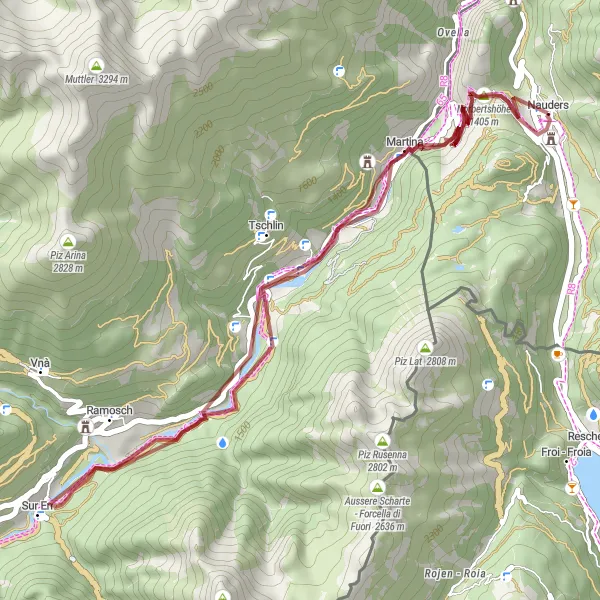 Map miniature of "Nauders Gravel Adventure" cycling inspiration in Tirol, Austria. Generated by Tarmacs.app cycling route planner