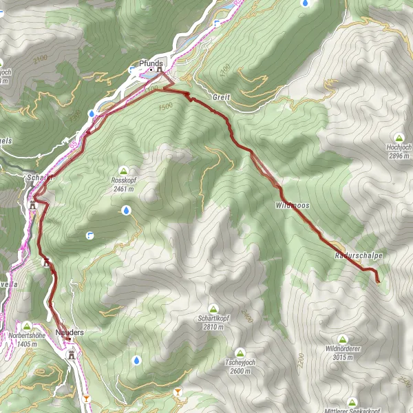 Zemljevid v pomanjšavi "Altfinstermünz - Pfunds Gravel Cycling Route" kolesarske inspiracije v Tirol, Austria. Generirano z načrtovalcem kolesarskih poti Tarmacs.app