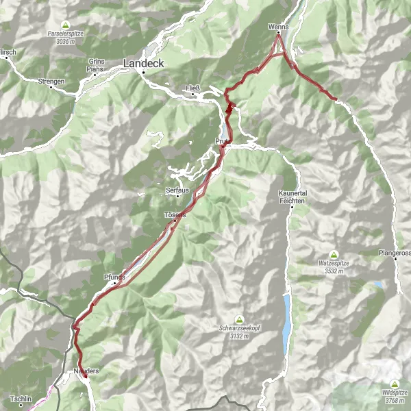 Miniatura della mappa di ispirazione al ciclismo "Avventuroso tour in bicicletta su sterrato da Pfunds a Finstermünzpass" nella regione di Tirol, Austria. Generata da Tarmacs.app, pianificatore di rotte ciclistiche