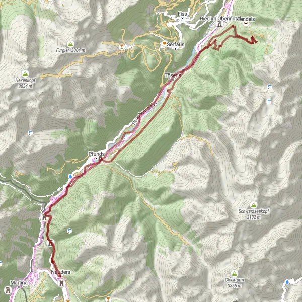 Zemljevid v pomanjšavi "Izziv gravel kolesarjenja skozi Tirolsko" kolesarske inspiracije v Tirol, Austria. Generirano z načrtovalcem kolesarskih poti Tarmacs.app