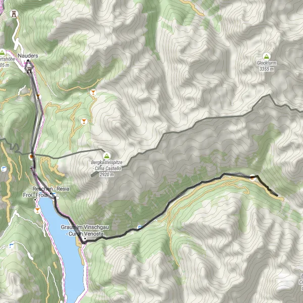 Mapa miniatúra "Okruh via Reschenpass - Passo Resia" cyklistická inšpirácia v Tirol, Austria. Vygenerované cyklistickým plánovačom trás Tarmacs.app