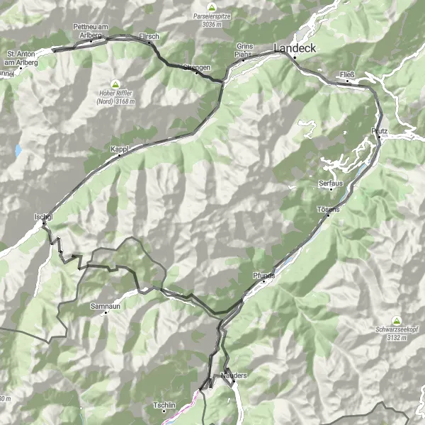 Miniatua del mapa de inspiración ciclista "Ascenso a través de Nauders" en Tirol, Austria. Generado por Tarmacs.app planificador de rutas ciclistas