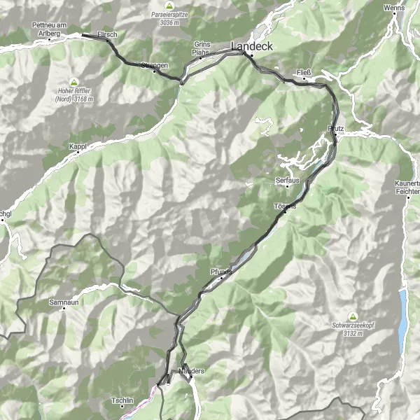 Mapa miniatúra "Výzva pre cyklistov v okolí Nauders" cyklistická inšpirácia v Tirol, Austria. Vygenerované cyklistickým plánovačom trás Tarmacs.app