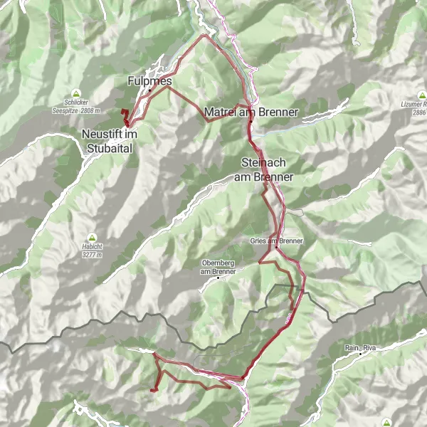 Kartminiatyr av "Utfordrende Brenner Pass Rundtur" sykkelinspirasjon i Tirol, Austria. Generert av Tarmacs.app sykkelrutoplanlegger