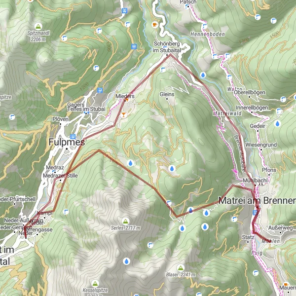 Kartminiatyr av "Grustur til Matrei am Brenner" sykkelinspirasjon i Tirol, Austria. Generert av Tarmacs.app sykkelrutoplanlegger