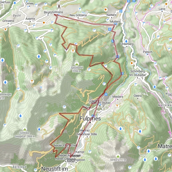 Zemljevid v pomanjšavi "Gorski kolesarski izziv v okolici Neustift im Stubaital" kolesarske inspiracije v Tirol, Austria. Generirano z načrtovalcem kolesarskih poti Tarmacs.app