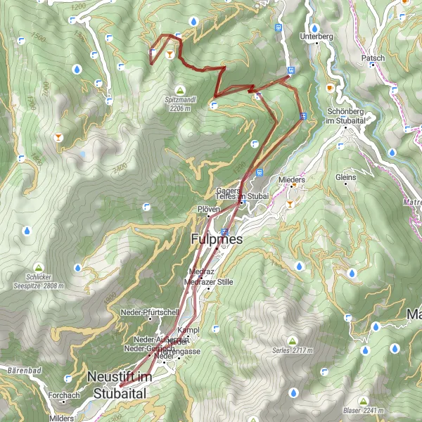 Mapa miniatúra "Cyklo trasa gravel - Neder - Neustift" cyklistická inšpirácia v Tirol, Austria. Vygenerované cyklistickým plánovačom trás Tarmacs.app