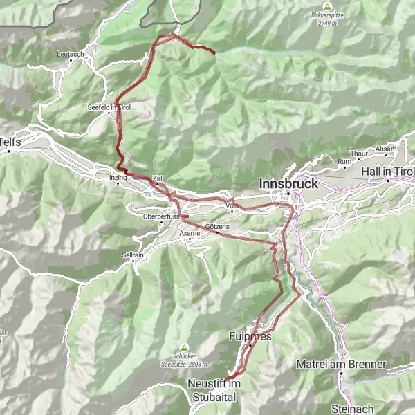Miniaturekort af cykelinspirationen "Alpedalenes Eventyr" i Tirol, Austria. Genereret af Tarmacs.app cykelruteplanlægger
