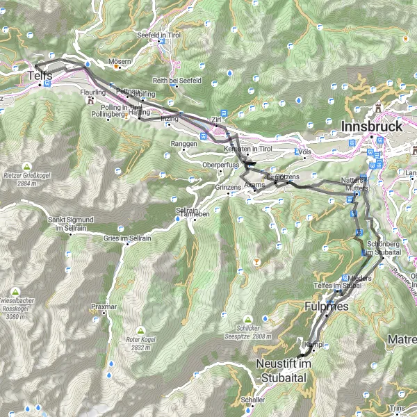 Miniatura della mappa di ispirazione al ciclismo "Tour delle Alpi Stubai" nella regione di Tirol, Austria. Generata da Tarmacs.app, pianificatore di rotte ciclistiche