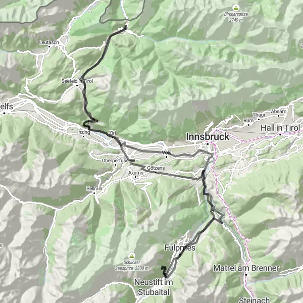 Kartminiatyr av "Fulpmes - Scharnitz - Telfes im Stubai sykkeltur" sykkelinspirasjon i Tirol, Austria. Generert av Tarmacs.app sykkelrutoplanlegger