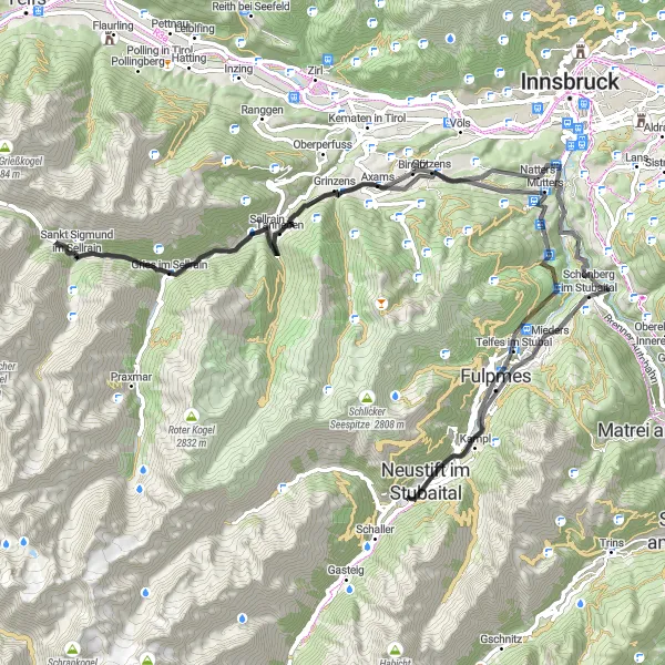 Miniatura della mappa di ispirazione al ciclismo "Tour ciclistico epico da Neustift im Stubaital a Innsbruck" nella regione di Tirol, Austria. Generata da Tarmacs.app, pianificatore di rotte ciclistiche