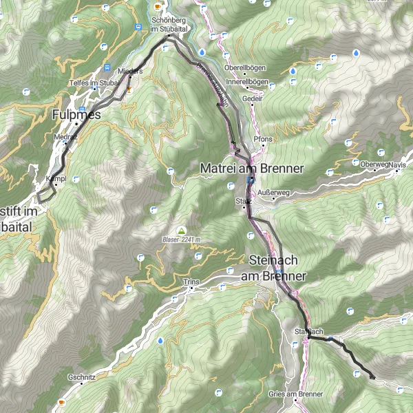 Mapa miniatúra "Cyklistická cesta road - Neustift - Telfes" cyklistická inšpirácia v Tirol, Austria. Vygenerované cyklistickým plánovačom trás Tarmacs.app