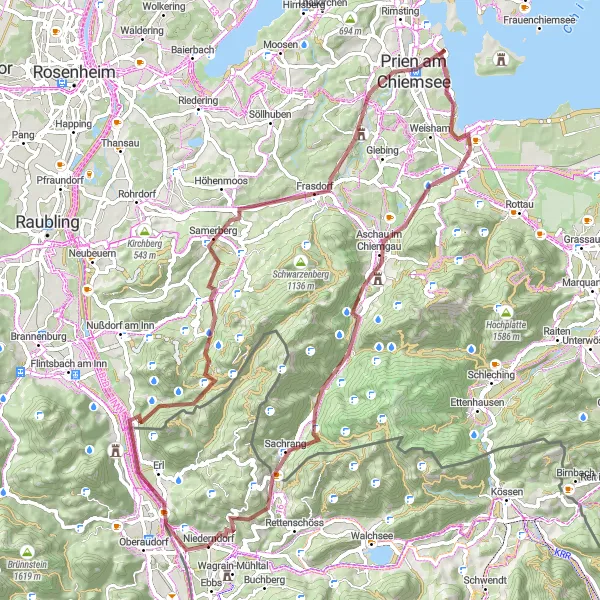 Miniaturní mapa "Gravelový okruh Burgruine Katzenstein - Sachrang" inspirace pro cyklisty v oblasti Tirol, Austria. Vytvořeno pomocí plánovače tras Tarmacs.app