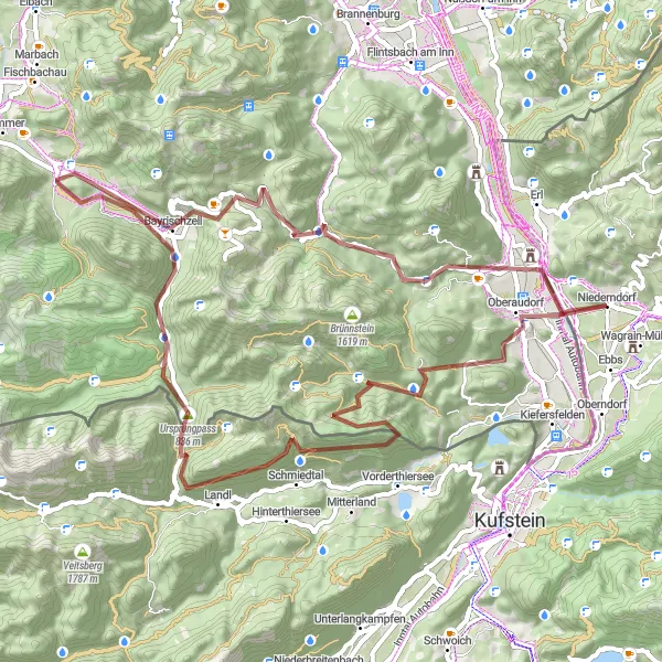 Miniatua del mapa de inspiración ciclista "Ruta de aventura alpina desde Oberaudorf" en Tirol, Austria. Generado por Tarmacs.app planificador de rutas ciclistas