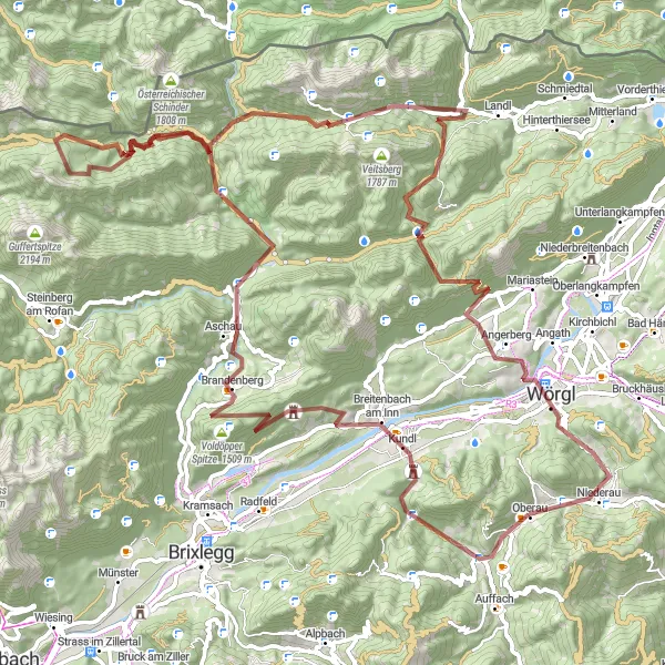 Miniatura della mappa di ispirazione al ciclismo "Esplorazione di Breitenbach am Inn in bicicletta" nella regione di Tirol, Austria. Generata da Tarmacs.app, pianificatore di rotte ciclistiche