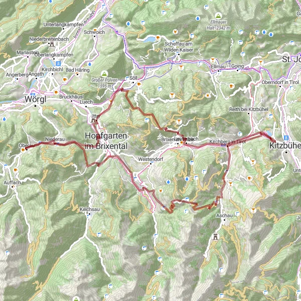Miniatua del mapa de inspiración ciclista "Ruta Gravel hacia Kirchberg in Tirol" en Tirol, Austria. Generado por Tarmacs.app planificador de rutas ciclistas