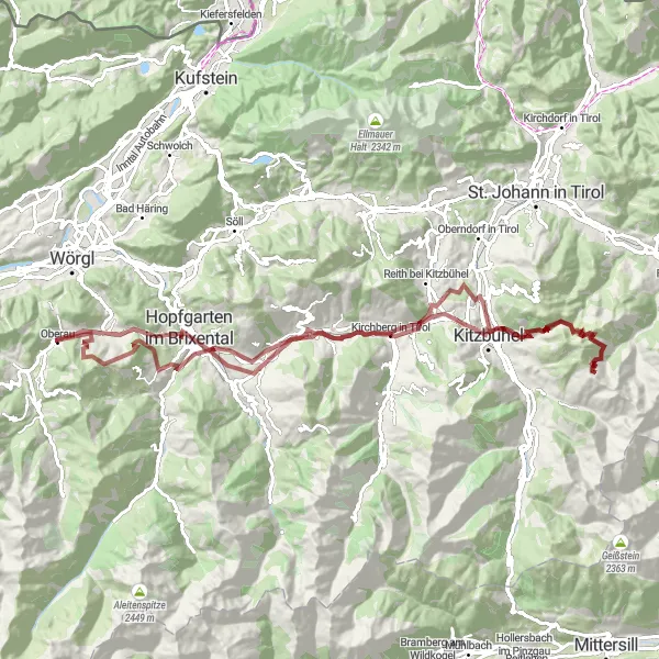 Miniatura della mappa di ispirazione al ciclismo "Avventura in bicicletta da Bruggberg a Kirchberg in Tirol" nella regione di Tirol, Austria. Generata da Tarmacs.app, pianificatore di rotte ciclistiche