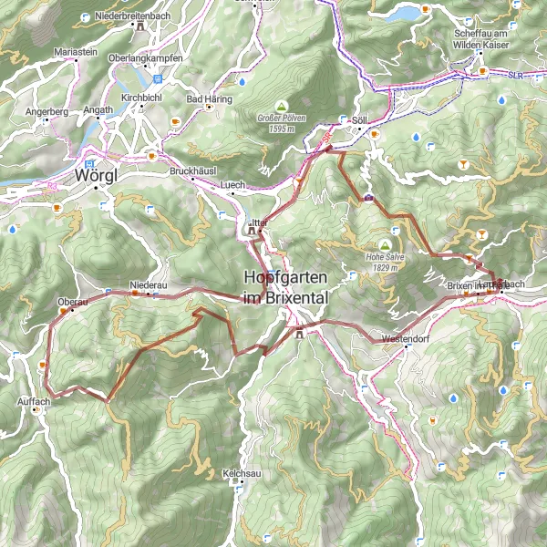 Miniaturní mapa "Gravel Výlet do hor kolem Oberau" inspirace pro cyklisty v oblasti Tirol, Austria. Vytvořeno pomocí plánovače tras Tarmacs.app