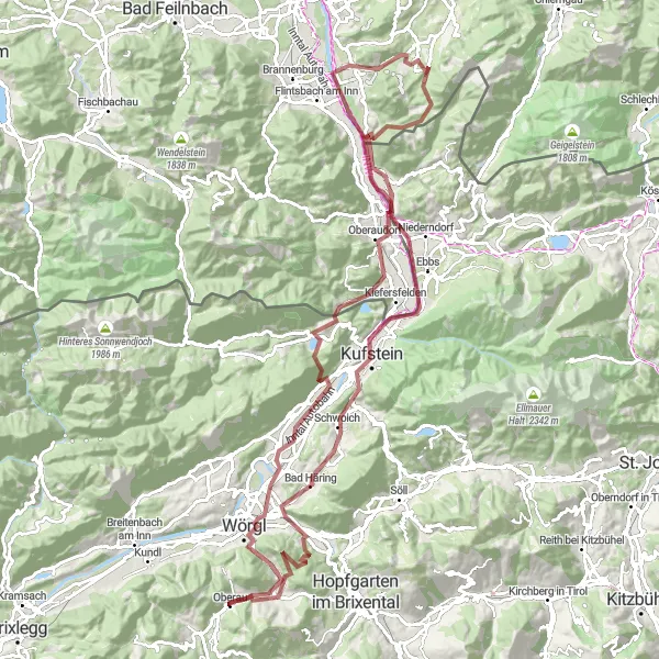 Miniatua del mapa de inspiración ciclista "Ruta Gravel hacia Kufstein" en Tirol, Austria. Generado por Tarmacs.app planificador de rutas ciclistas