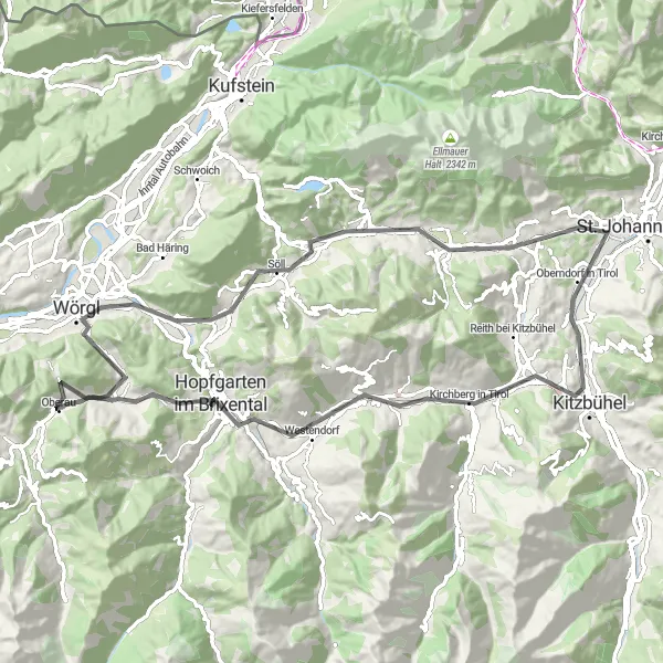 Miniatura della mappa di ispirazione al ciclismo "Giro in bicicletta da Oberau a Brixen im Thale" nella regione di Tirol, Austria. Generata da Tarmacs.app, pianificatore di rotte ciclistiche