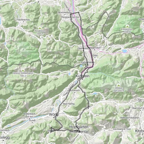 Miniatura della mappa di ispirazione al ciclismo "Scoperta del Kaiserblick in bicicletta" nella regione di Tirol, Austria. Generata da Tarmacs.app, pianificatore di rotte ciclistiche