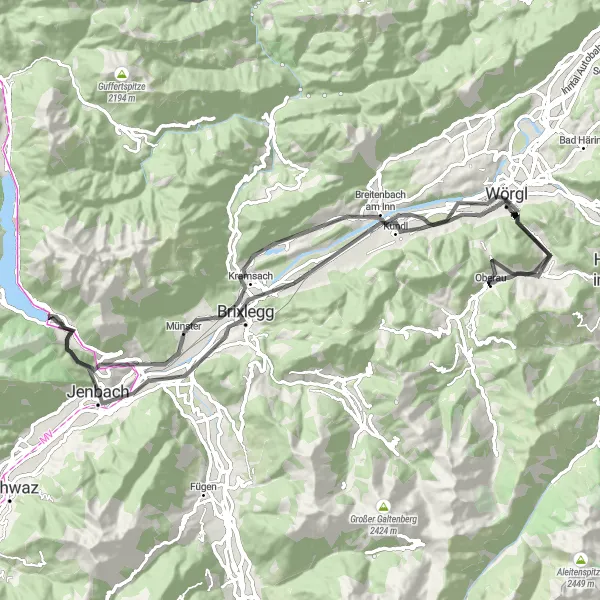 Miniatua del mapa de inspiración ciclista "Ruta Road hacia Kramsach" en Tirol, Austria. Generado por Tarmacs.app planificador de rutas ciclistas