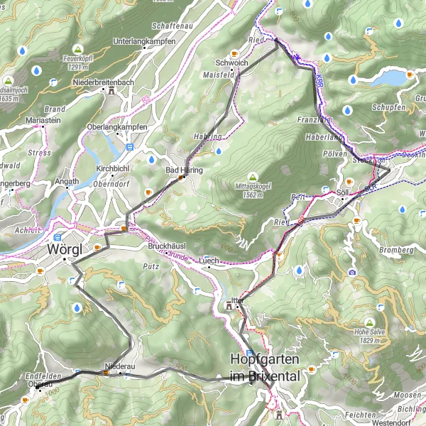 Miniatua del mapa de inspiración ciclista "Ruta Road hacia Niederau" en Tirol, Austria. Generado por Tarmacs.app planificador de rutas ciclistas