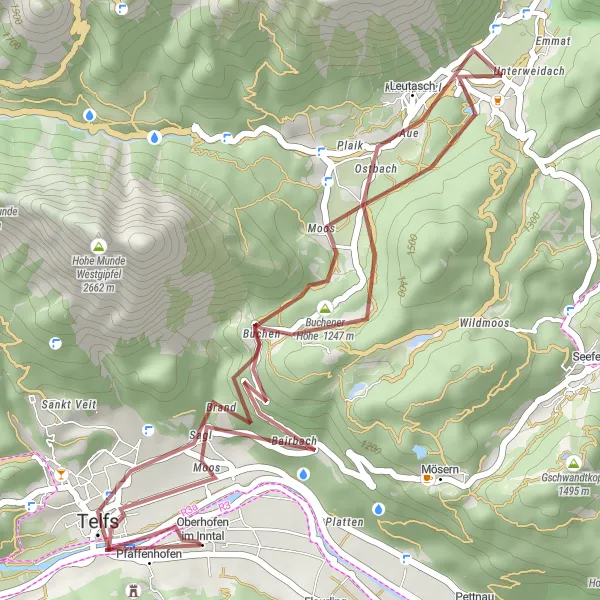 Miniatua del mapa de inspiración ciclista "Corta excursión de grava por montañas tirolesas" en Tirol, Austria. Generado por Tarmacs.app planificador de rutas ciclistas