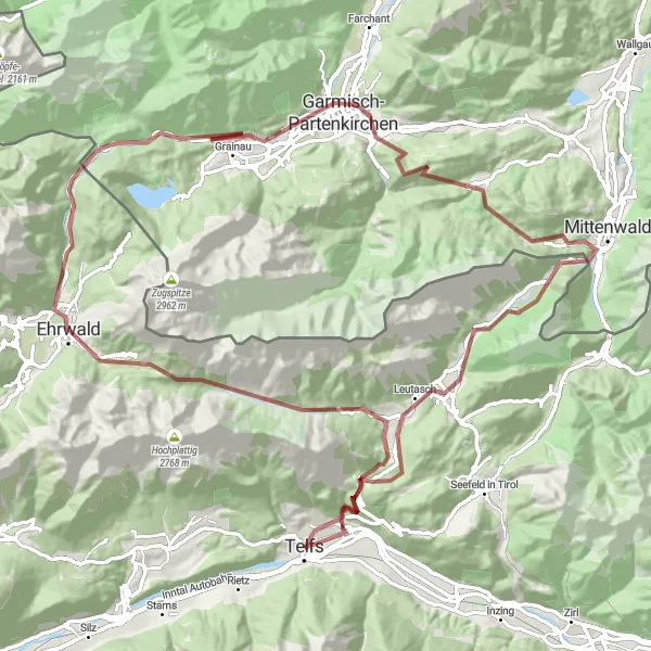 Miniatura della mappa di ispirazione al ciclismo "Grande tour in graviotto con molti punti salienti" nella regione di Tirol, Austria. Generata da Tarmacs.app, pianificatore di rotte ciclistiche