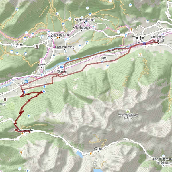 Map miniature of "Telfs and Silzer Wasserfall Loop" cycling inspiration in Tirol, Austria. Generated by Tarmacs.app cycling route planner