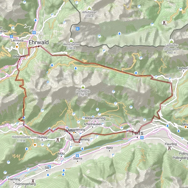 Map miniature of "Sassberg and Ehrwald Adventure" cycling inspiration in Tirol, Austria. Generated by Tarmacs.app cycling route planner